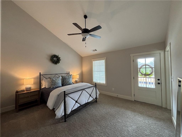 carpeted bedroom featuring a ceiling fan, multiple windows, visible vents, and baseboards