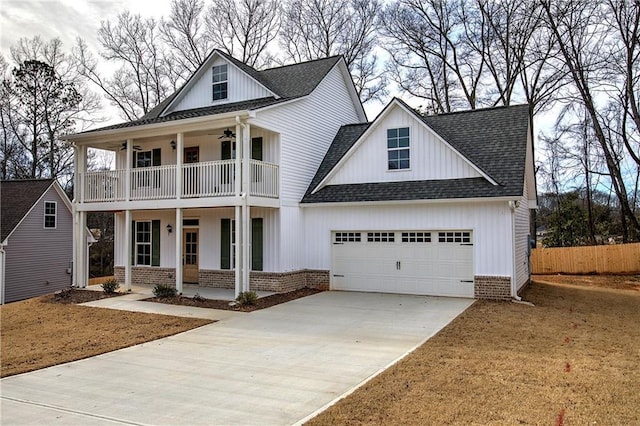 view of front of home featuring covered porch, brick siding, a balcony, and a ceiling fan