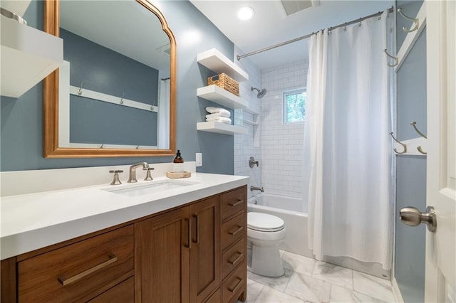 6960 Hunters Branch Dr, Atlanta, GA 30328 - full bathroom featuring vanity, shower / bath combo, and marble finish floors