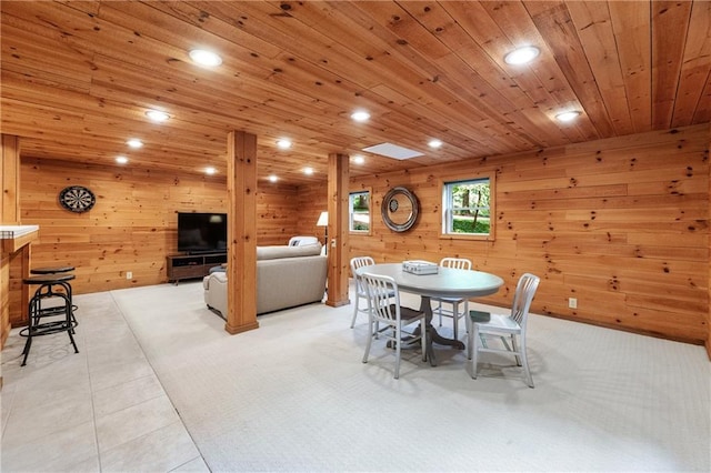 6960 Hunters Branch Dr, Atlanta, GA 30328 - dining room with wooden ceiling, recessed lighting, wooden walls, and light carpet