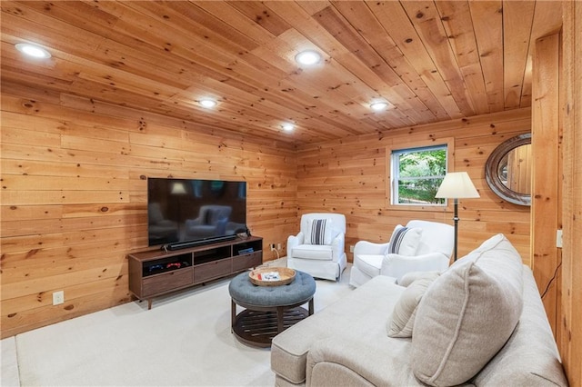 6960 Hunters Branch Dr, Atlanta, GA 30328 - living area with wood ceiling, wood walls, recessed lighting, and carpet