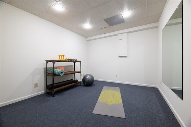 6960 Hunters Branch Dr, Atlanta, GA 30328 - exercise room with dark carpet, electric panel, a paneled ceiling, and recessed lighting