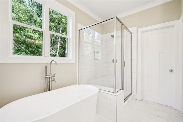 bathroom featuring ornamental molding and separate shower and tub