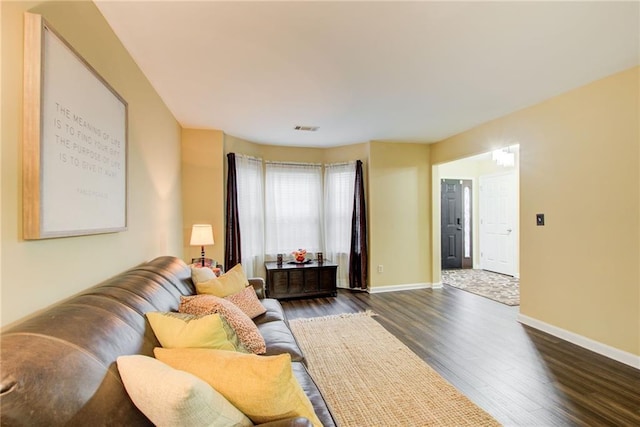 living room featuring dark wood-type flooring