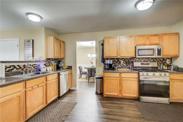 kitchen with decorative backsplash, dark hardwood / wood-style flooring, stainless steel appliances, sink, and light brown cabinets