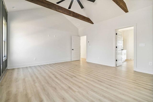 unfurnished living room featuring ceiling fan, light hardwood / wood-style flooring, beam ceiling, and high vaulted ceiling