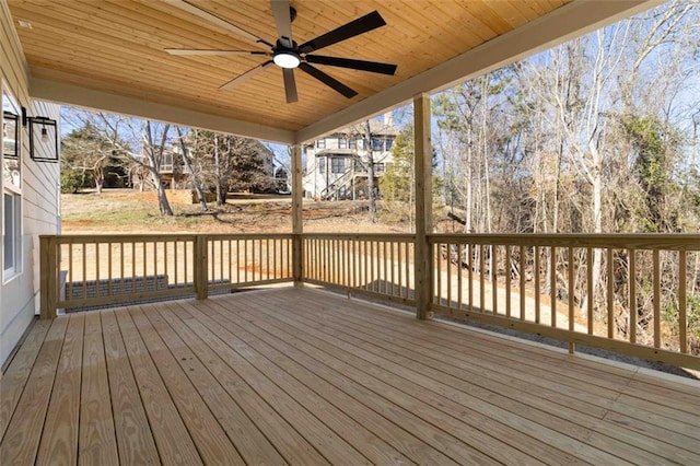 wooden deck featuring ceiling fan