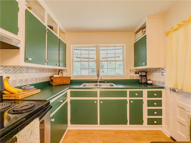 5130 Dearing St, Covington, GA 30014 - kitchen with stainless steel electric range oven, green cabinets, decorative backsplash, and ventilation hood