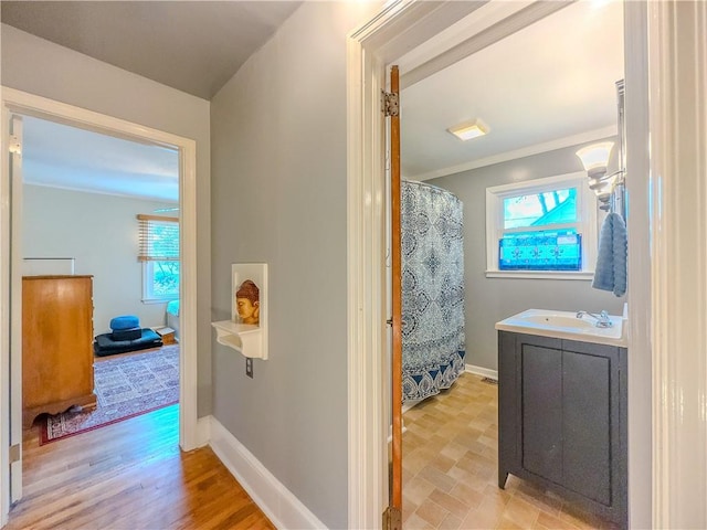5130 Dearing St, Covington, GA 30014 - bathroom with vanity, crown molding, and a shower with curtain