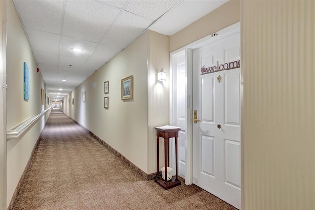 corridor featuring a paneled ceiling and carpet