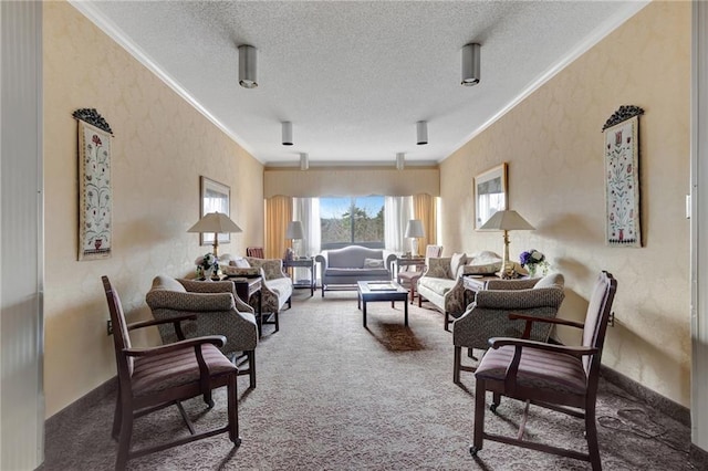 living room featuring crown molding, a textured ceiling, and carpet flooring