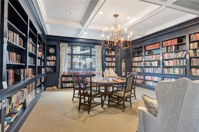 carpeted dining area featuring crown molding, an inviting chandelier, coffered ceiling, built in shelves, and beamed ceiling