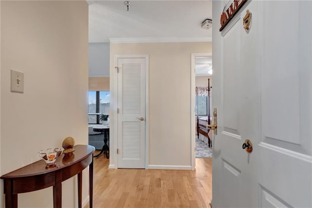 hall with crown molding and light hardwood / wood-style flooring