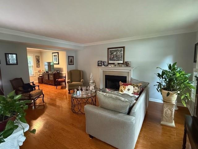 3545 Manchester Dr, Lawrenceville, GA 30044 - living area with light wood finished floors, ornamental molding, and a fireplace