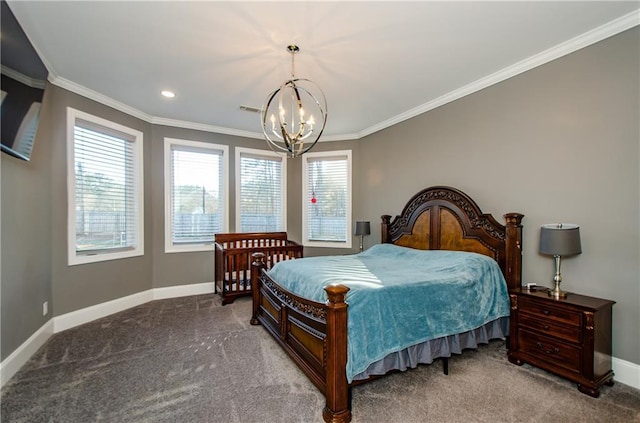 bedroom with multiple windows, ornamental molding, and carpet