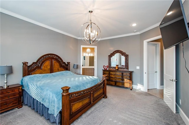 bedroom featuring crown molding, ensuite bath, an inviting chandelier, and light carpet