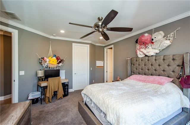 carpeted bedroom with baseboards, ceiling fan, visible vents, and crown molding