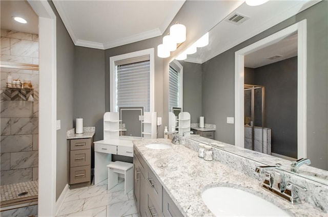 bathroom with crown molding, vanity, and walk in shower