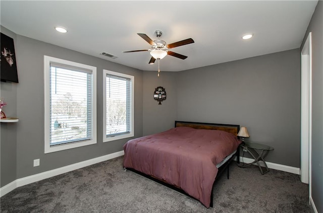 bedroom featuring ceiling fan and carpet floors