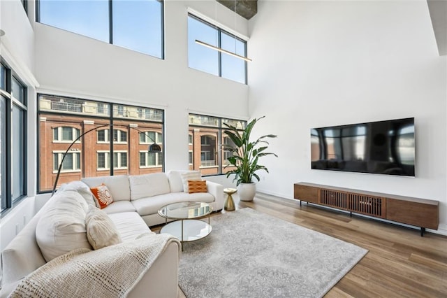 living room with a high ceiling and wood-type flooring