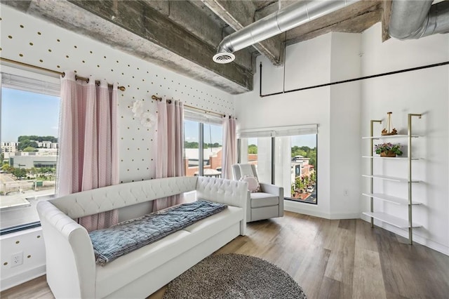 interior space featuring wood-type flooring and a high ceiling