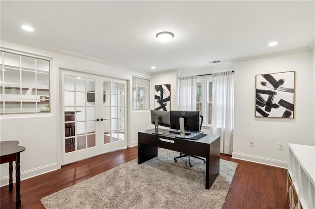 office with crown molding, baseboards, wood finished floors, and french doors