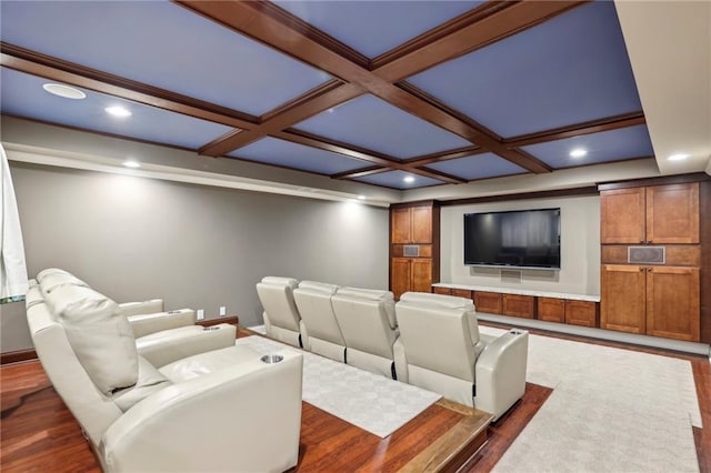 cinema with baseboards, dark wood-type flooring, coffered ceiling, and recessed lighting