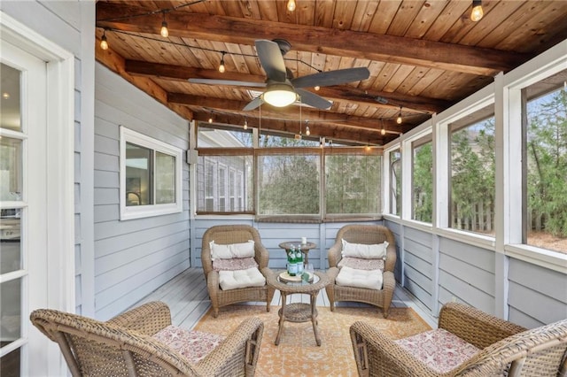 sunroom featuring a ceiling fan, wood ceiling, and beamed ceiling