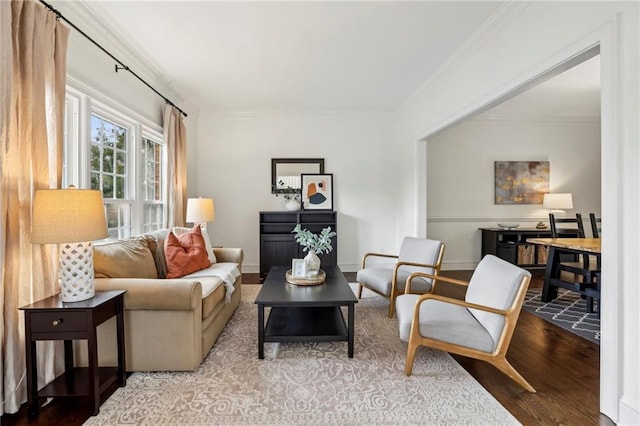 living area featuring ornamental molding, baseboards, and wood finished floors