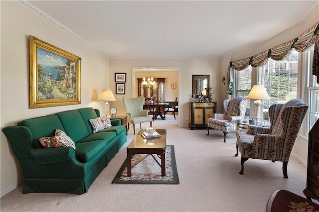 living room with baseboards, a chandelier, crown molding, and carpet flooring