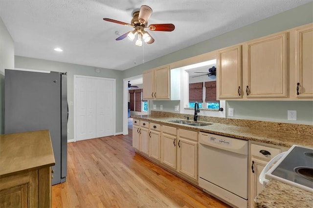 3122 Harmony Rd, Temple, GA 30179 - kitchen featuring white appliances, a ceiling fan, light countertops, and recessed lighting