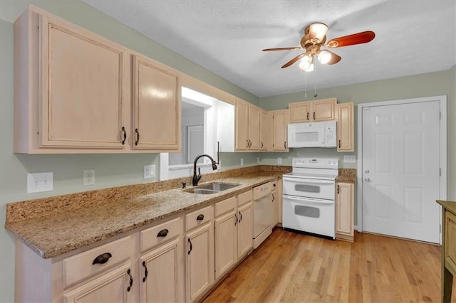 3122 Harmony Rd, Temple, GA 30179 - kitchen featuring white appliances, a ceiling fan, light wood-type flooring, light stone countertops, and light brown cabinets