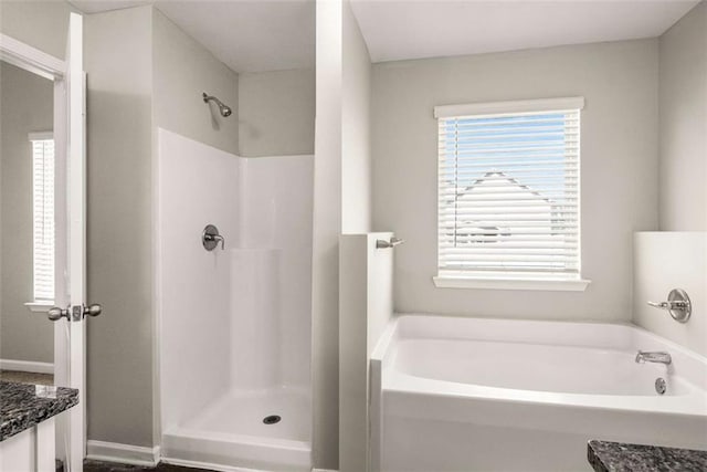 full bath featuring walk in shower, a garden tub, vanity, and a healthy amount of sunlight