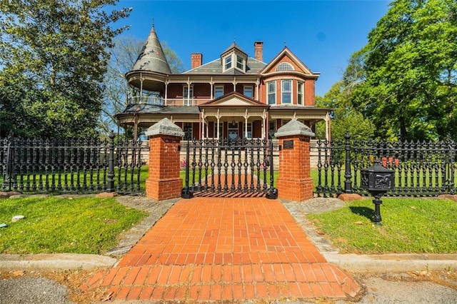 victorian-style house with a balcony, a chimney, a fenced front yard, a gate, and covered porch