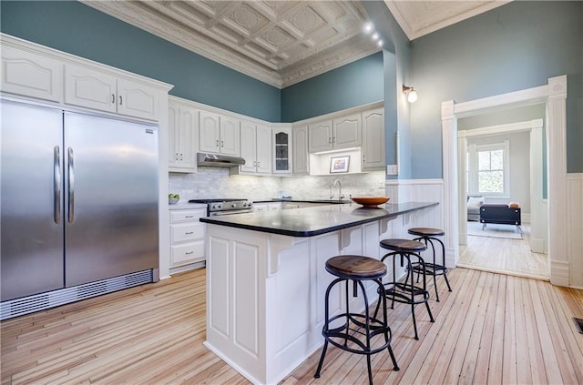 kitchen featuring under cabinet range hood, a sink, wainscoting, stainless steel appliances, and an ornate ceiling
