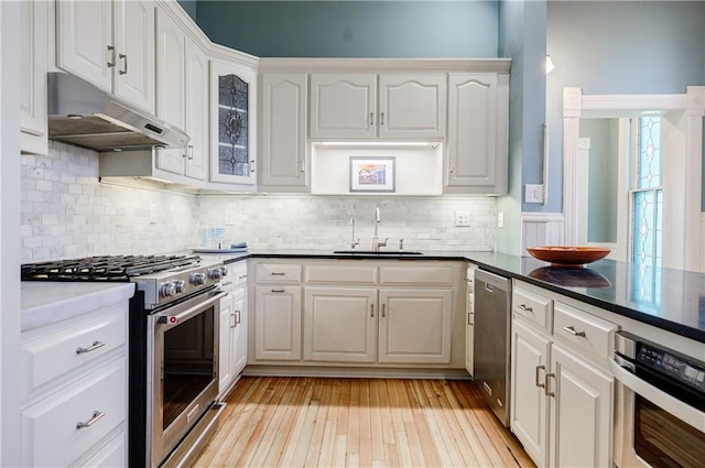 kitchen with white cabinetry, under cabinet range hood, light wood-style floors, appliances with stainless steel finishes, and a sink