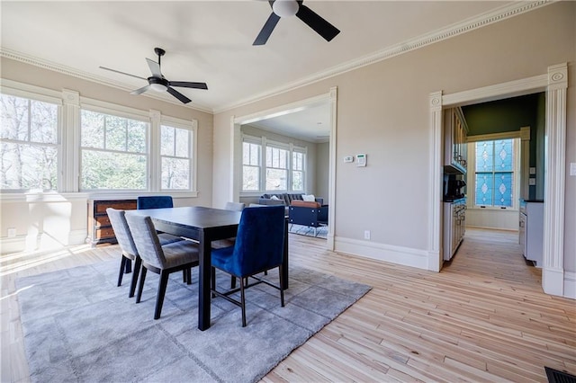 dining area featuring ceiling fan, light wood-style flooring, ornamental molding, visible vents, and baseboards