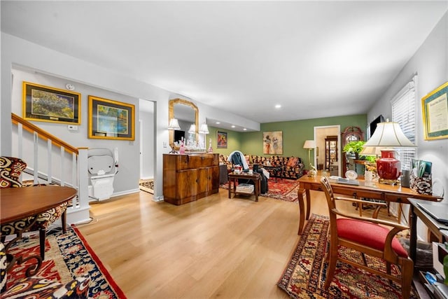 1138 Berkeley Rd, Avondale Estates, GA 30002 - living area featuring wood finished floors, recessed lighting, and stairway