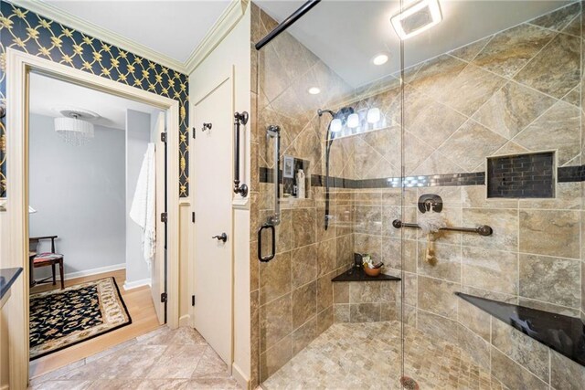 1138 Berkeley Rd, Avondale Estates, GA 30002 - full bath featuring a stall shower, crown molding, and baseboards