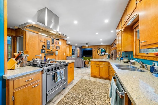 1138 Berkeley Rd, Avondale Estates, GA 30002 - kitchen with appliances with stainless steel finishes, a sink, island exhaust hood, recessed lighting, and brown cabinetry