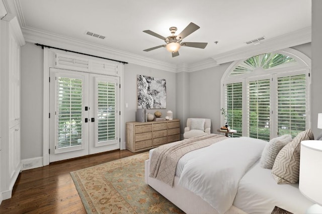 bedroom with dark wood-type flooring, ceiling fan, ornamental molding, access to outside, and french doors