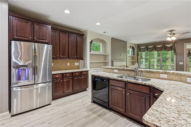 328 Shade Tree Cir, Woodstock, GA 30188 - kitchen with stainless steel fridge with ice dispenser, dishwasher, backsplash, light wood-style flooring, and ceiling fan