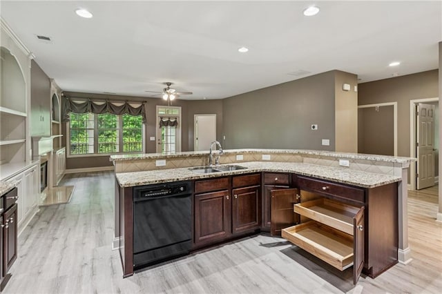 328 Shade Tree Cir, Woodstock, GA 30188 - kitchen featuring dishwasher, open shelves, light wood finished floors, recessed lighting, and dark brown cabinets