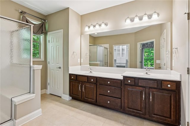 328 Shade Tree Cir, Woodstock, GA 30188 - full bathroom featuring a stall shower, double vanity, and tile patterned floors