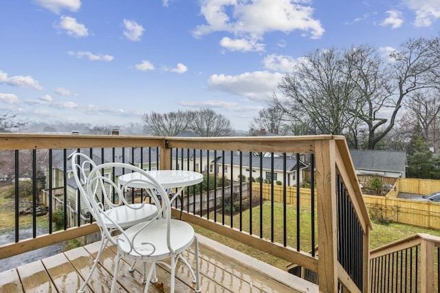 wooden terrace with a fenced backyard and a yard