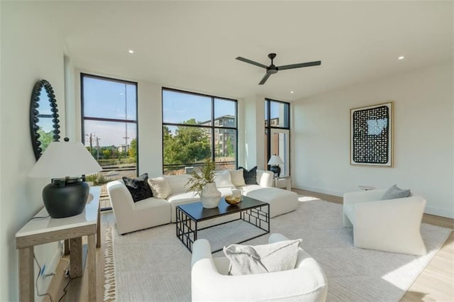 816 Berne St Unit 6, Atlanta, GA 30316 - living area with a ceiling fan, floor to ceiling windows, wood finished floors, baseboards, and recessed lighting