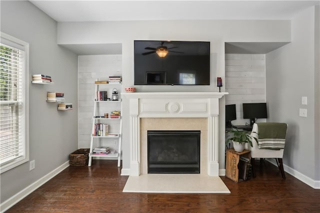 7275 Highland Blf Unit 8, Atlanta, GA 30328 - living room with a glass covered fireplace, wood finished floors, and ceiling fan