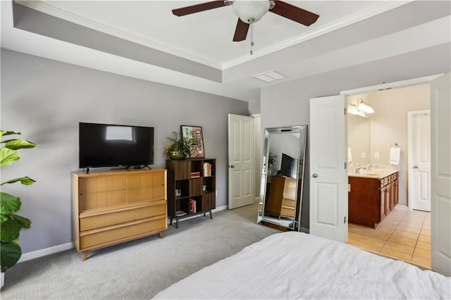 7275 Highland Blf Unit 8, Atlanta, GA 30328 - bedroom featuring ornamental molding, a raised ceiling, and a ceiling fan
