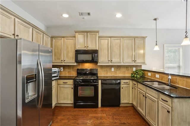 7275 Highland Blf Unit 8, Atlanta, GA 30328 - kitchen with black appliances, a peninsula, decorative backsplash, dark wood-style flooring, and dark stone counters
