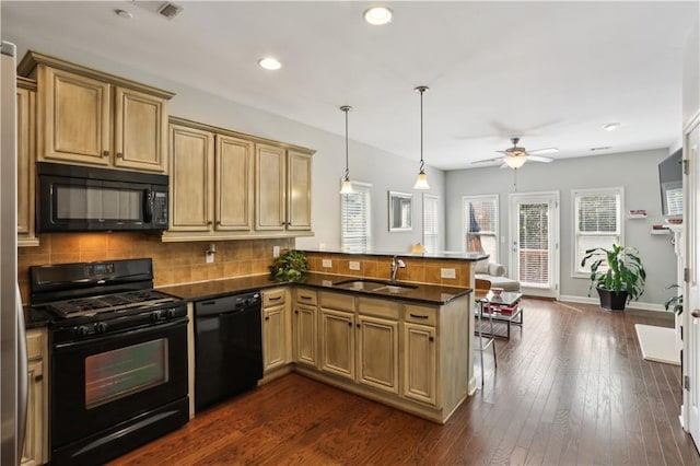 7275 Highland Blf Unit 8, Atlanta, GA 30328 - kitchen featuring black appliances, a peninsula, decorative backsplash, ceiling fan, and recessed lighting
